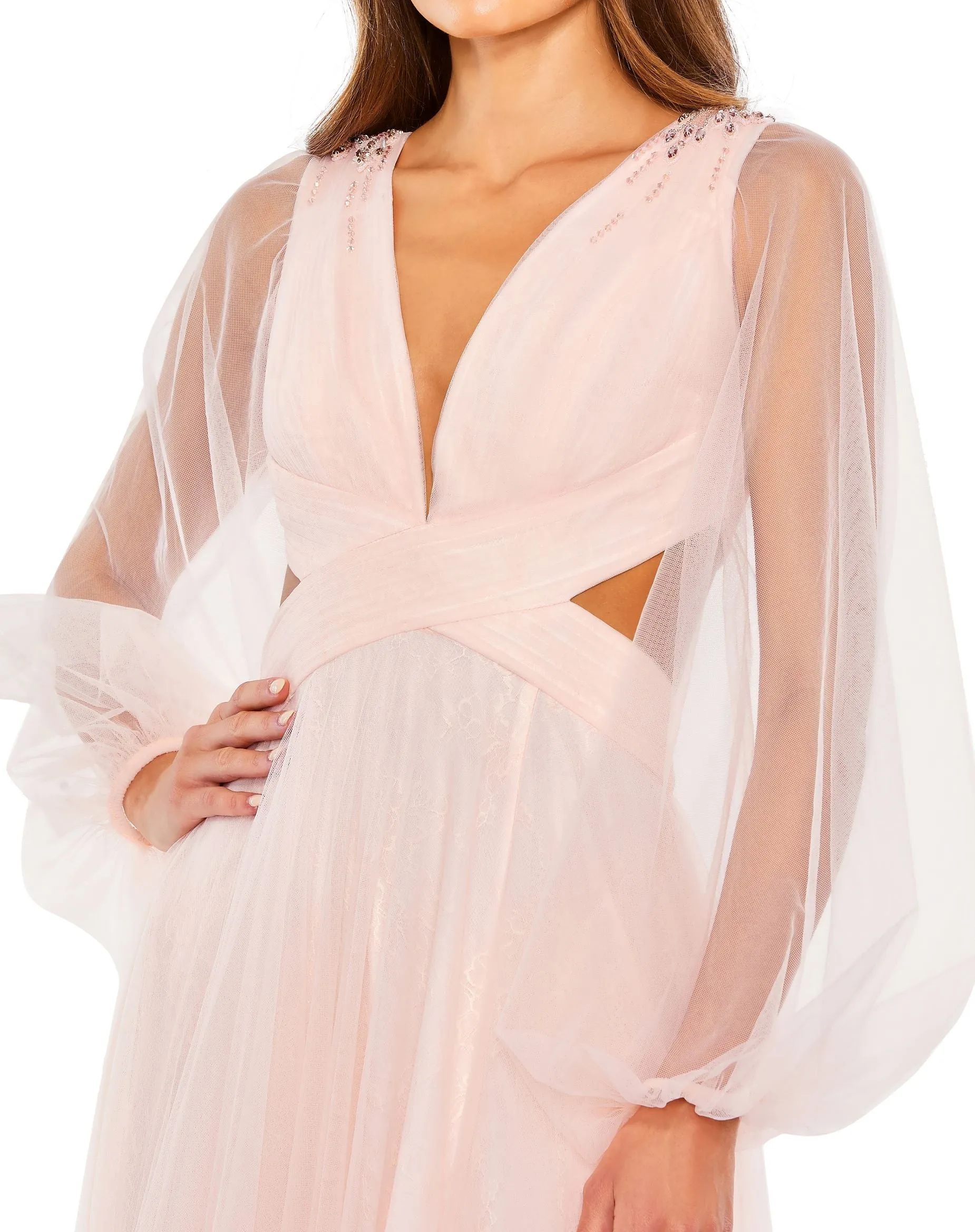 Pink Tulle Sheer Long Sleeve Cut Out Lace Up A Line Gown sold by Mac Duggal product image thumbnail 2