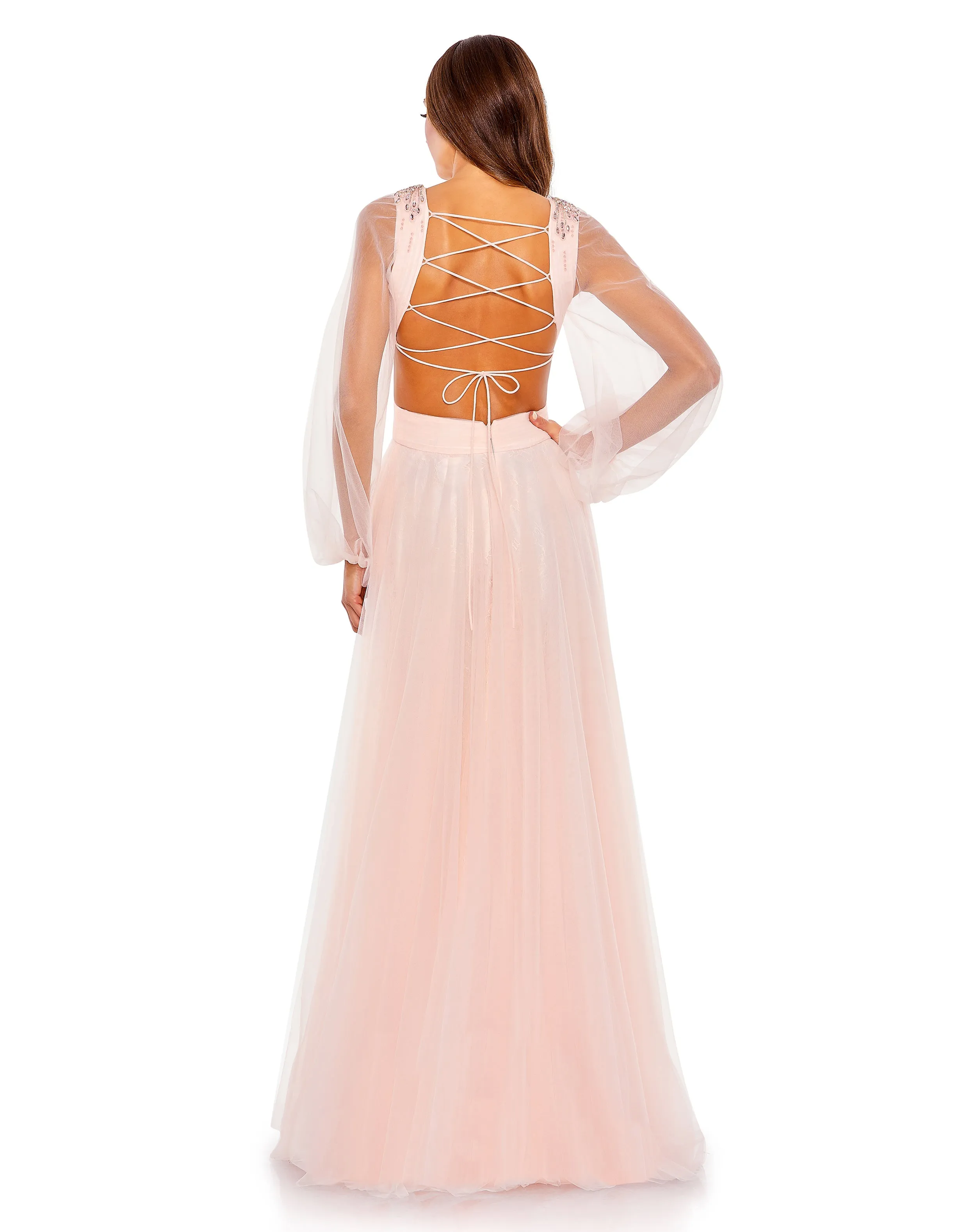 Pink Tulle Sheer Long Sleeve Cut Out Lace Up A Line Gown sold by Mac Duggal product image thumbnail 3