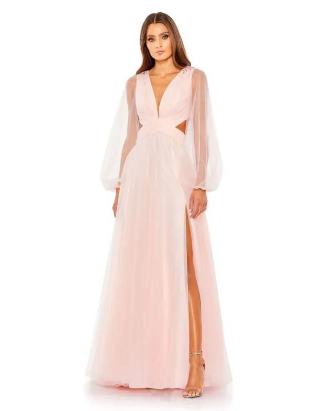 Pink Tulle Sheer Long Sleeve Cut Out Lace Up A Line Gown sold by Mac Duggal