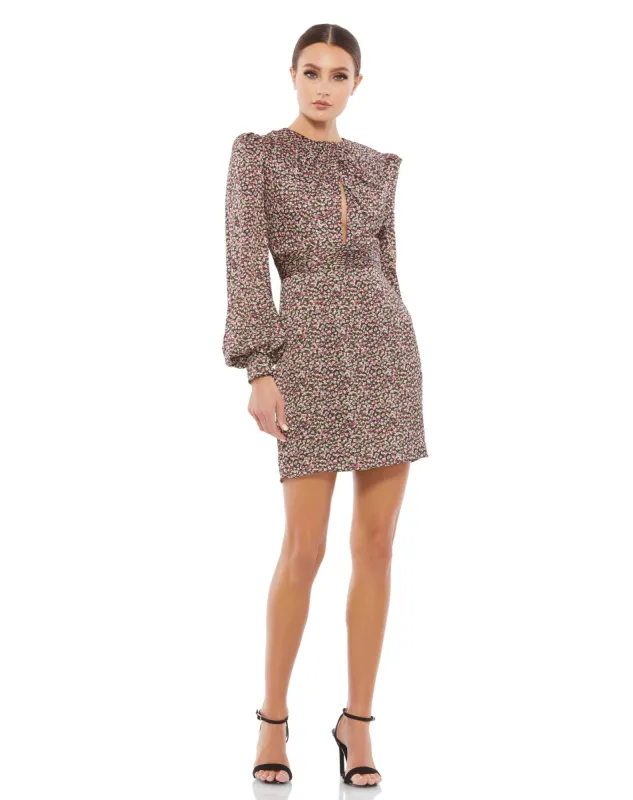 Black Floral Print Keyhole Long Sleeve Mini Dress sold by Mac Duggal