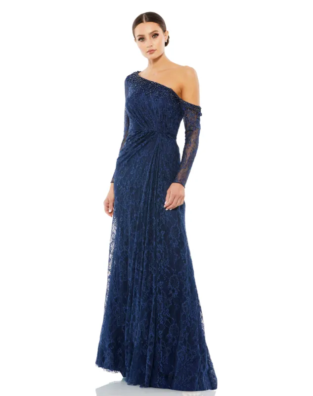 Navy Draped Jewel Encrusted Lace Drop Shoulder Gown sold by Mac Duggal