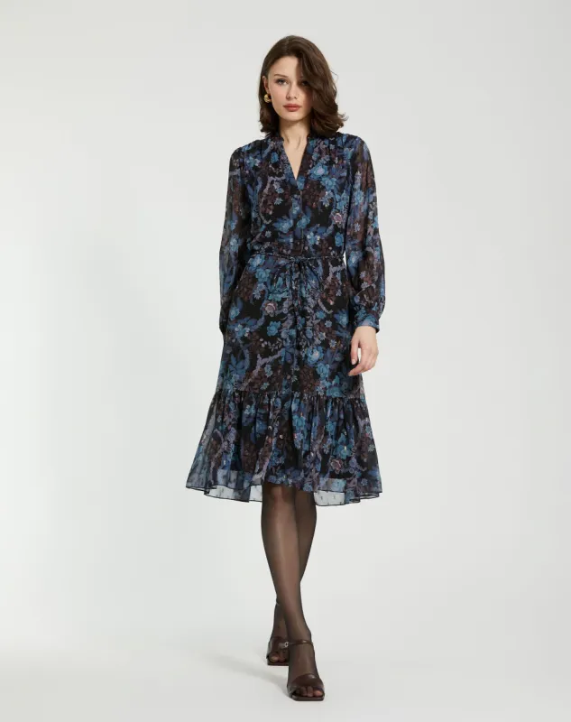 Blue Lurex Chiffon Bishop Sleeve Button Up Midi Dress sold by Mac Duggal