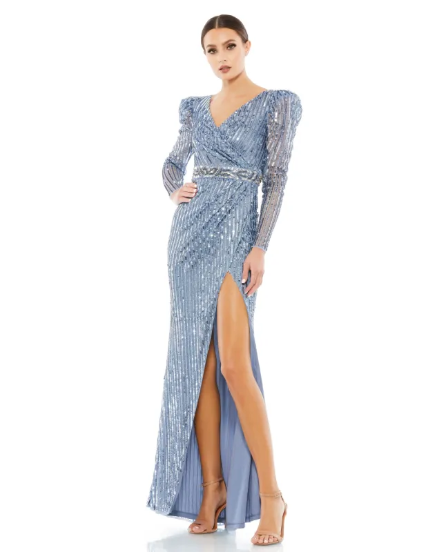 Blue Sequin Puff Sleeve Surplice Gown sold by Mac Duggal