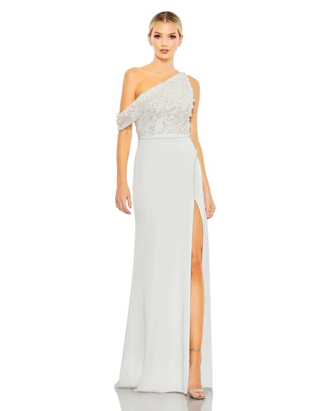 White Embellished Drop Shoulder Column Gown sold by Mac Duggal