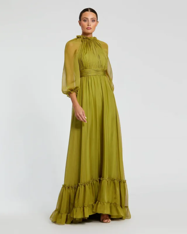 Green Chiffon Ruched Illusion Raglan Sleeve Ruffled Gown sold by Mac Duggal