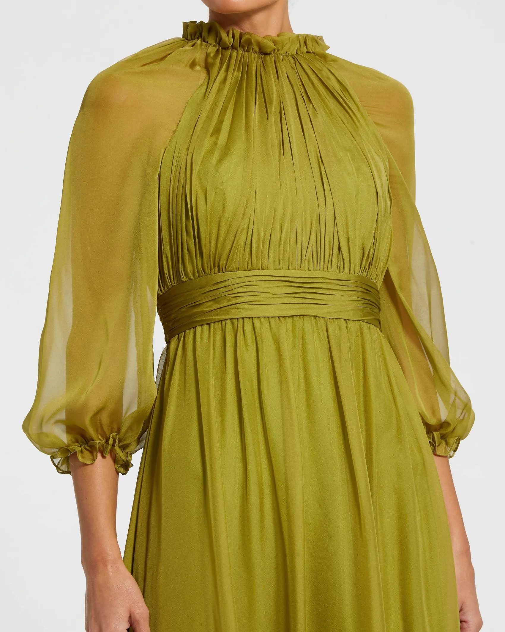 Green Chiffon Ruched Illusion Raglan Sleeve Ruffled Gown sold by Mac Duggal product image thumbnail 2