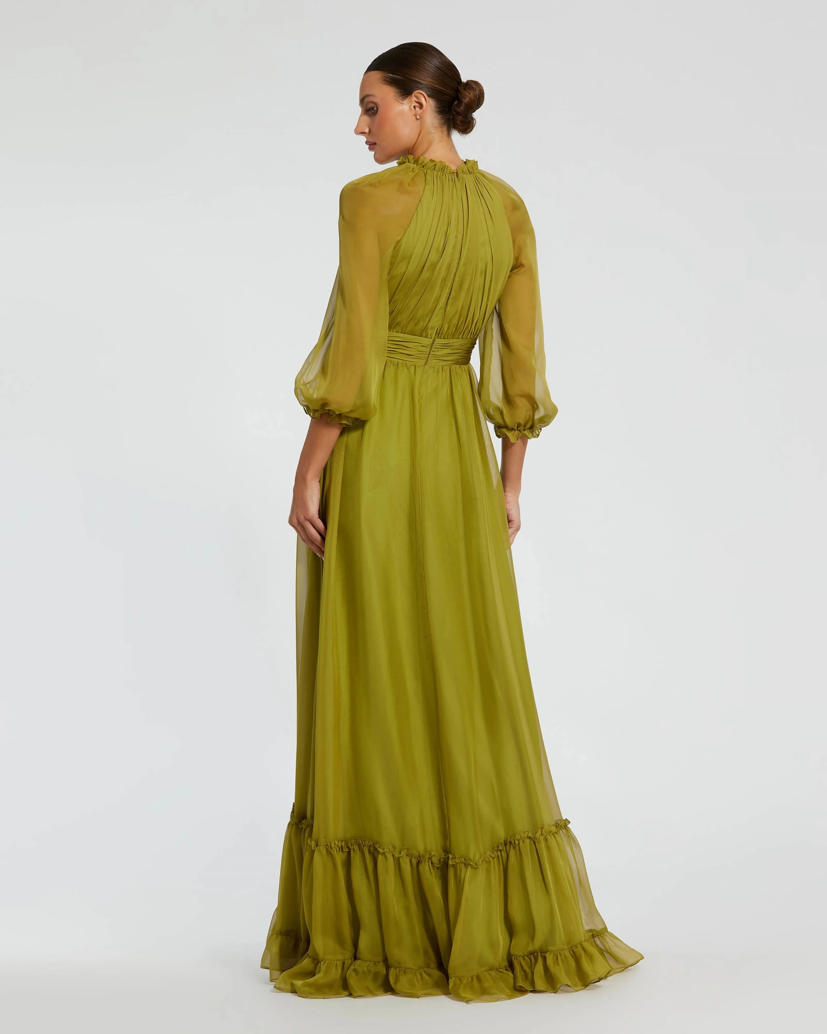 Green Chiffon Ruched Illusion Raglan Sleeve Ruffled Gown sold by Mac Duggal product image thumbnail 4