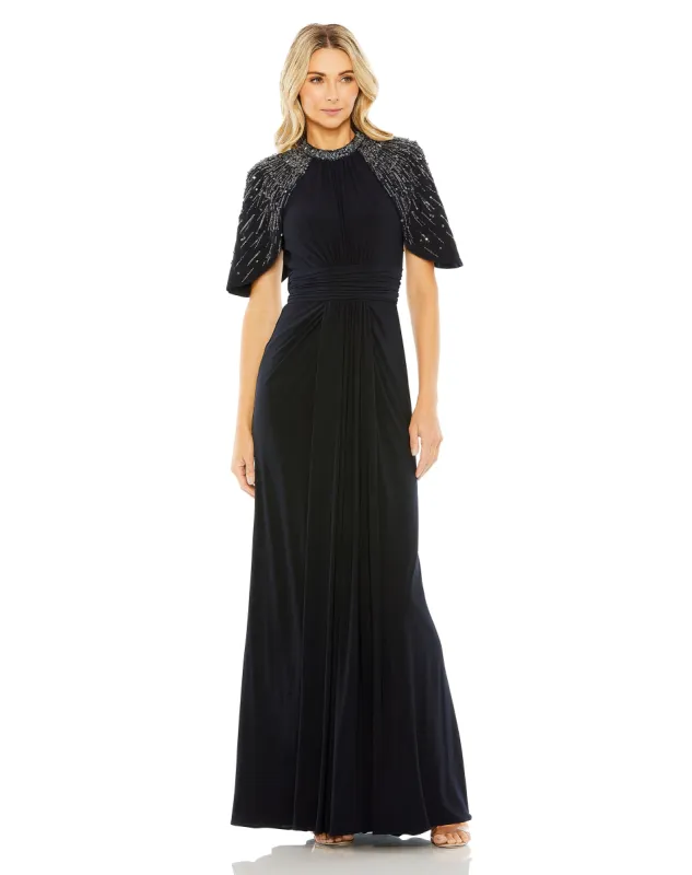 High Neck Column Gown with Embellished Cape sold by Mac Duggal