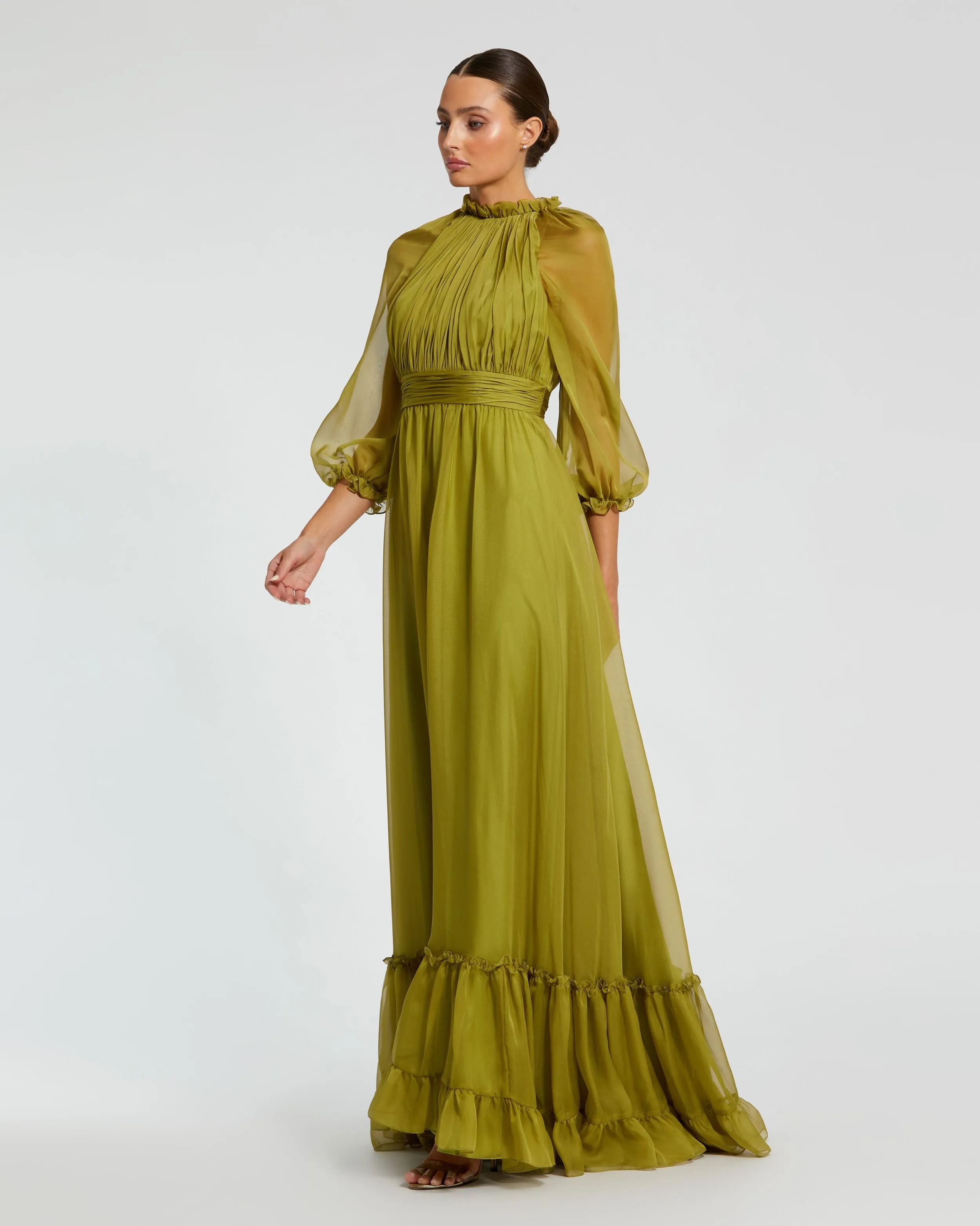 Green Chiffon Ruched Illusion Raglan Sleeve Ruffled Gown sold by Mac Duggal product image thumbnail 3