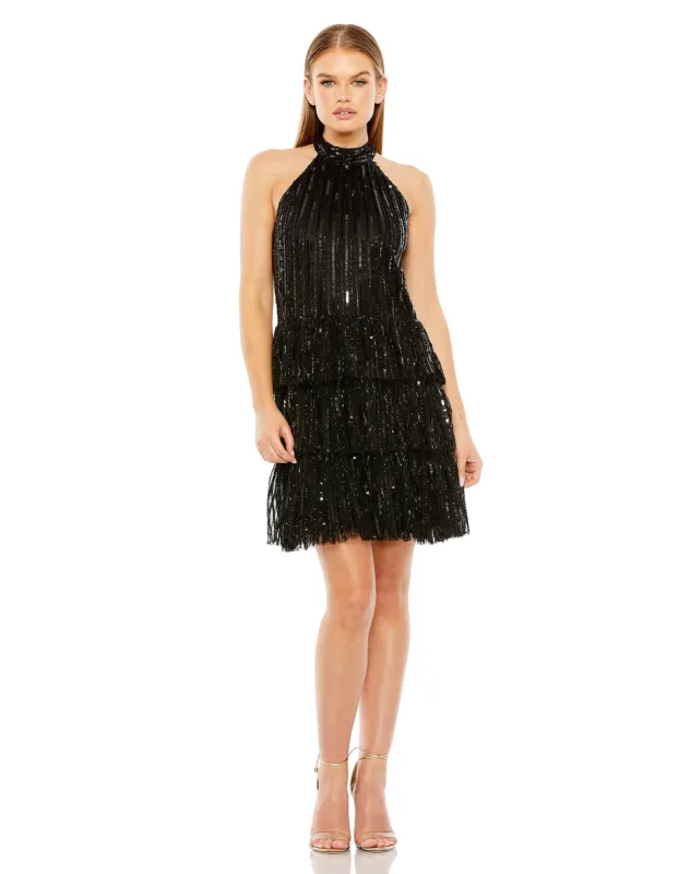 Black High Neck A-Line Ruffle Sequin Mini Dress - FINAL SALE sold by Mac Duggal