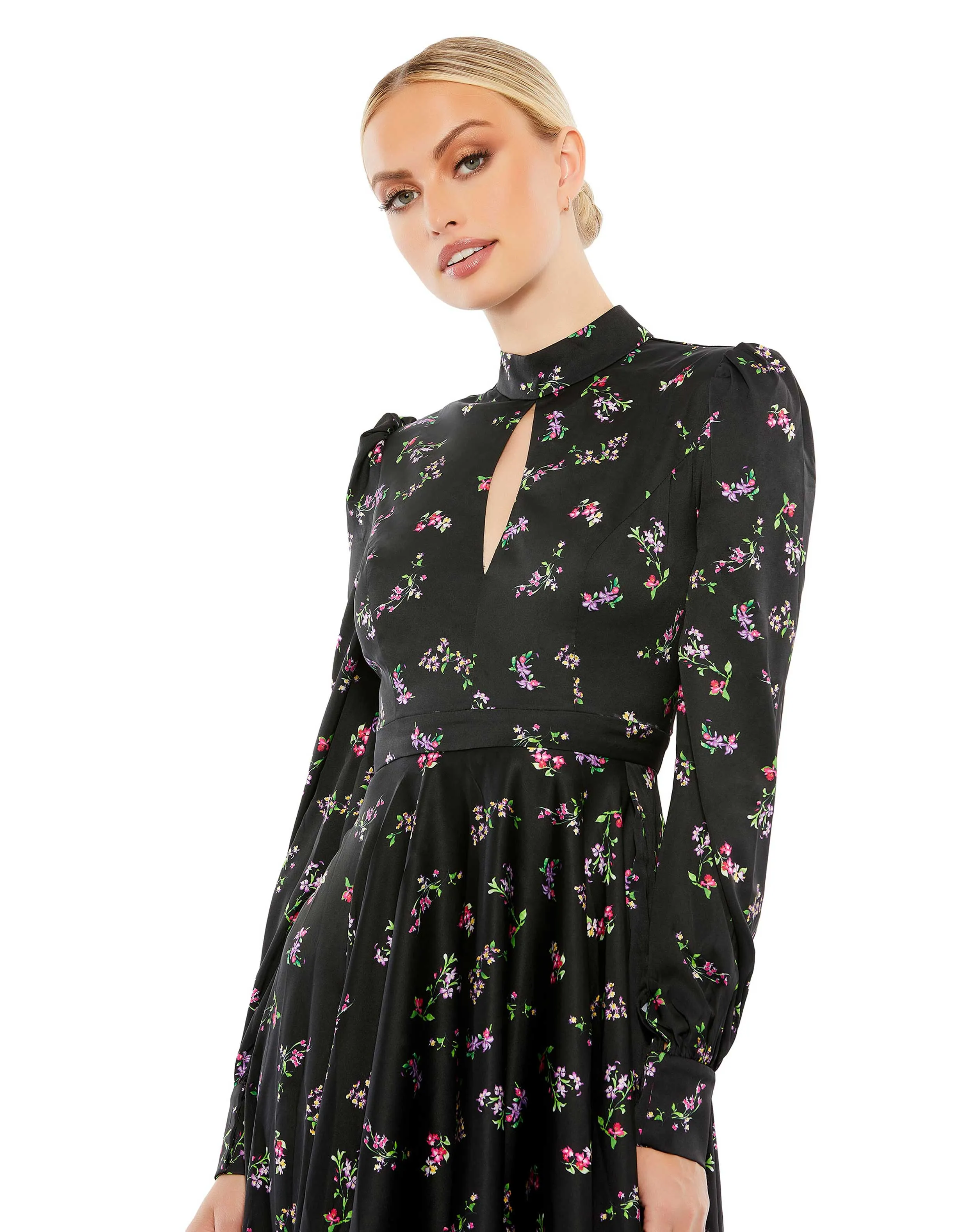 Black Floral Long Sleeve Keyhole Fit and Flare Midi Dress sold by Mac Duggal product image thumbnail 2