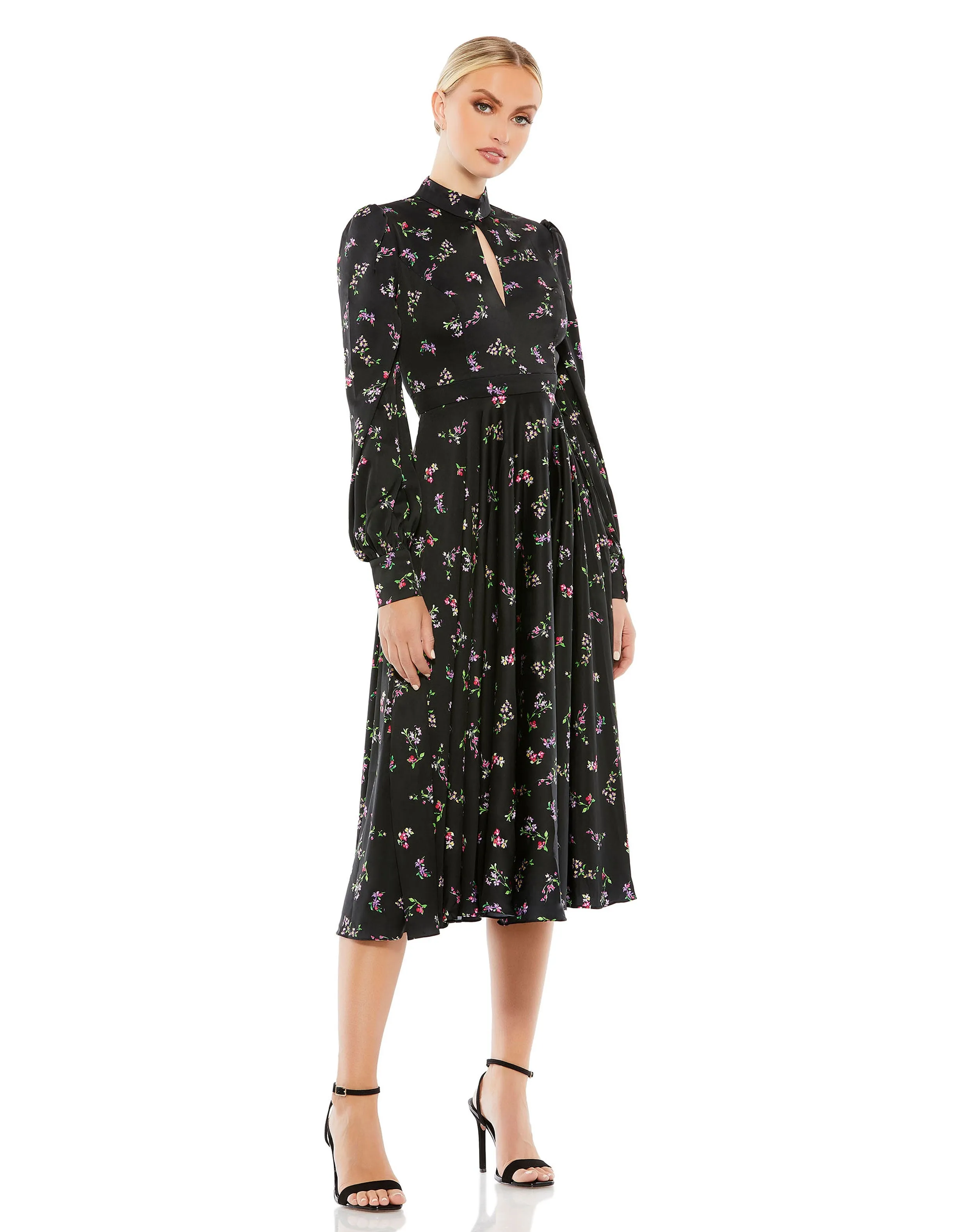 Black Floral Long Sleeve Keyhole Fit and Flare Midi Dress sold by Mac Duggal