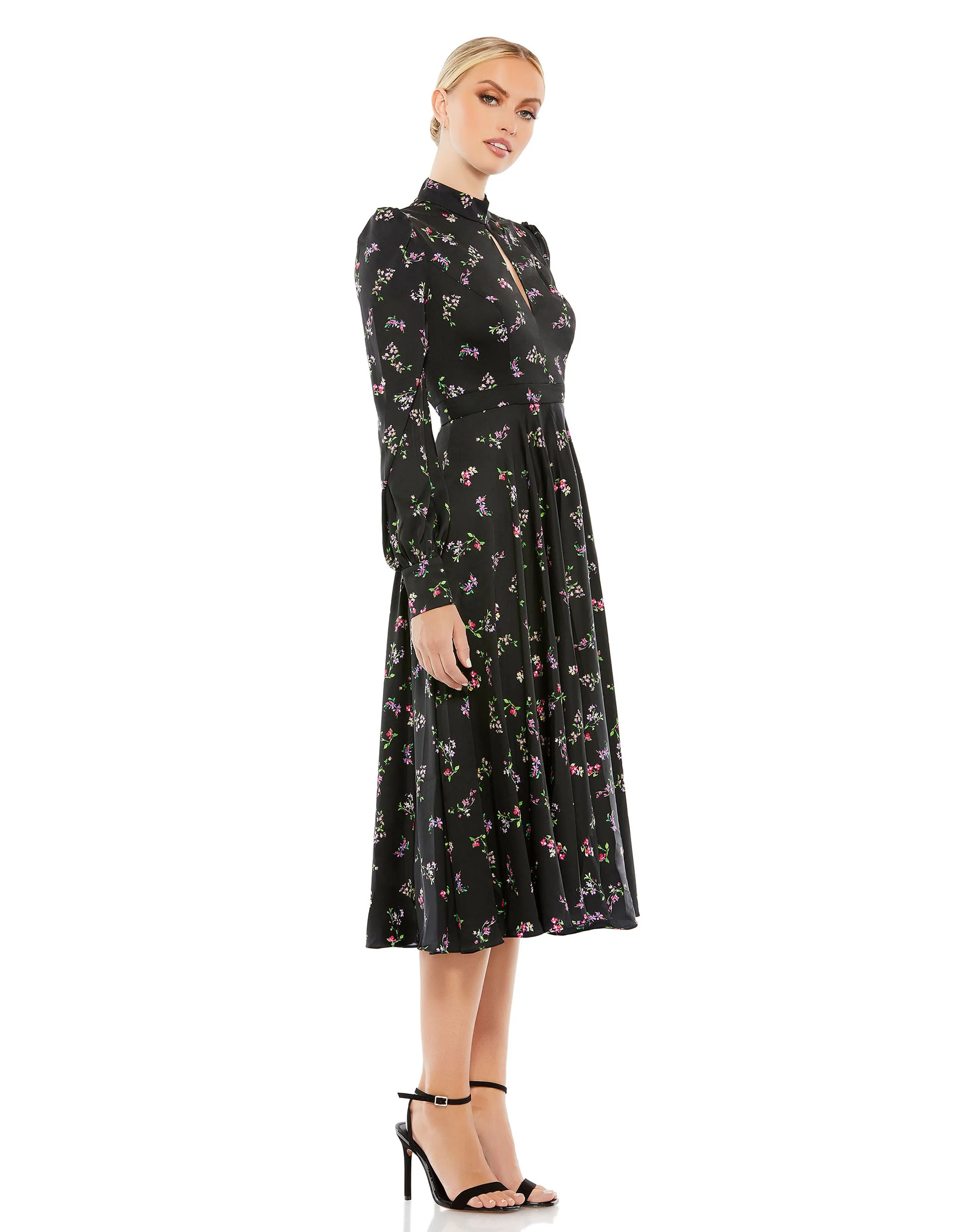 Black Floral Long Sleeve Keyhole Fit and Flare Midi Dress sold by Mac Duggal product image thumbnail 4