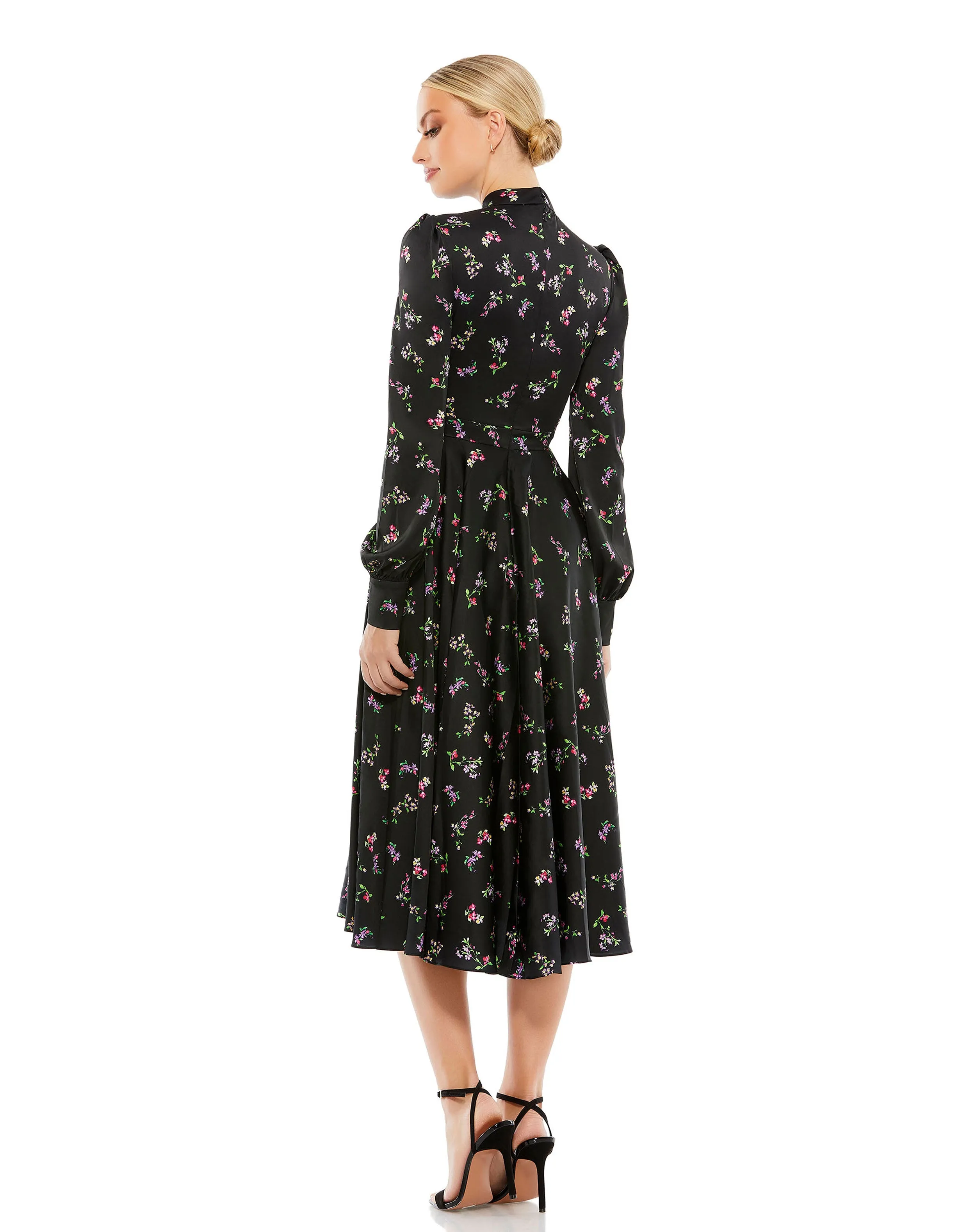Black Floral Long Sleeve Keyhole Fit and Flare Midi Dress sold by Mac Duggal product image thumbnail 3