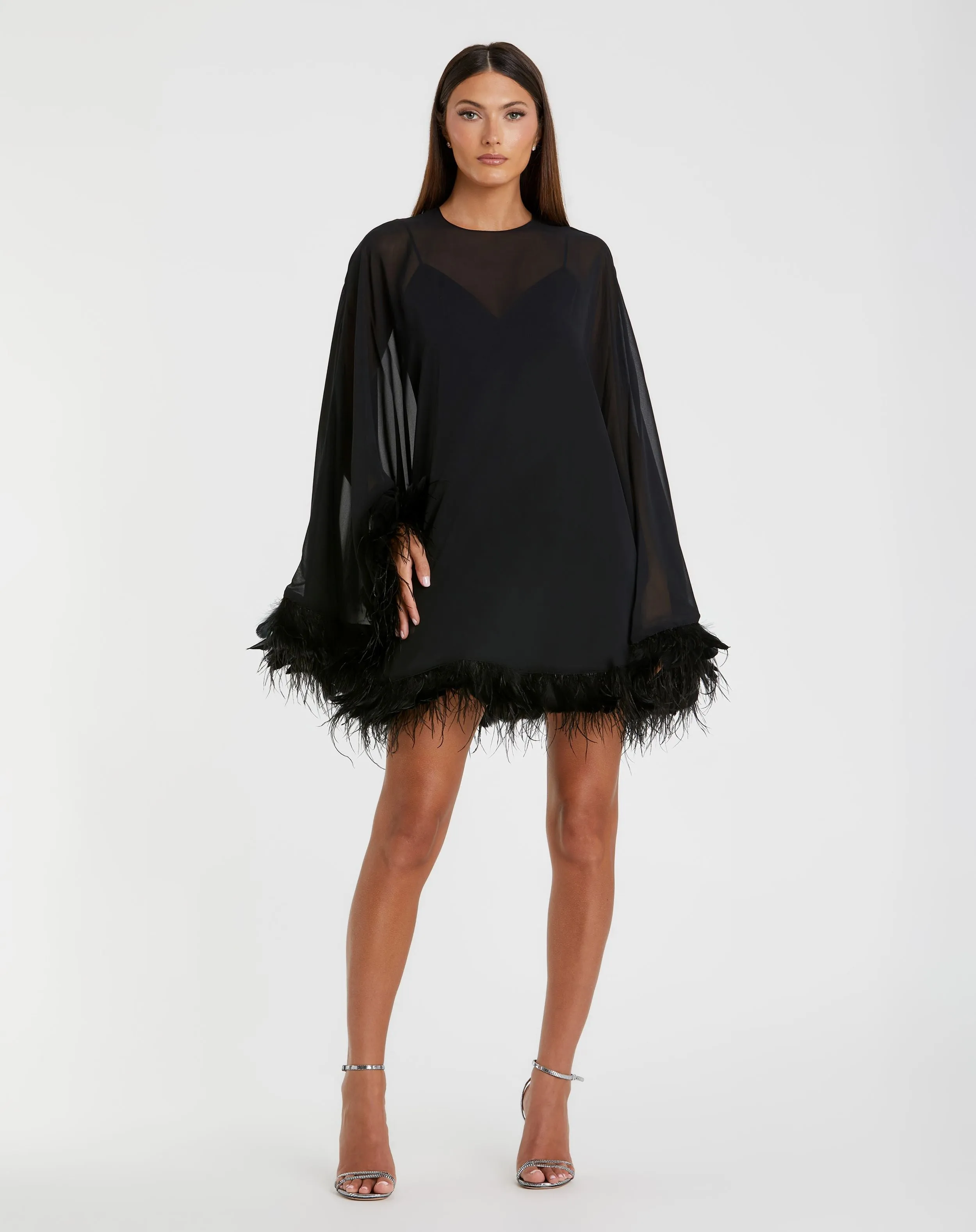 Black Trapeze Feather Trim Mini Dress sold by Mac Duggal