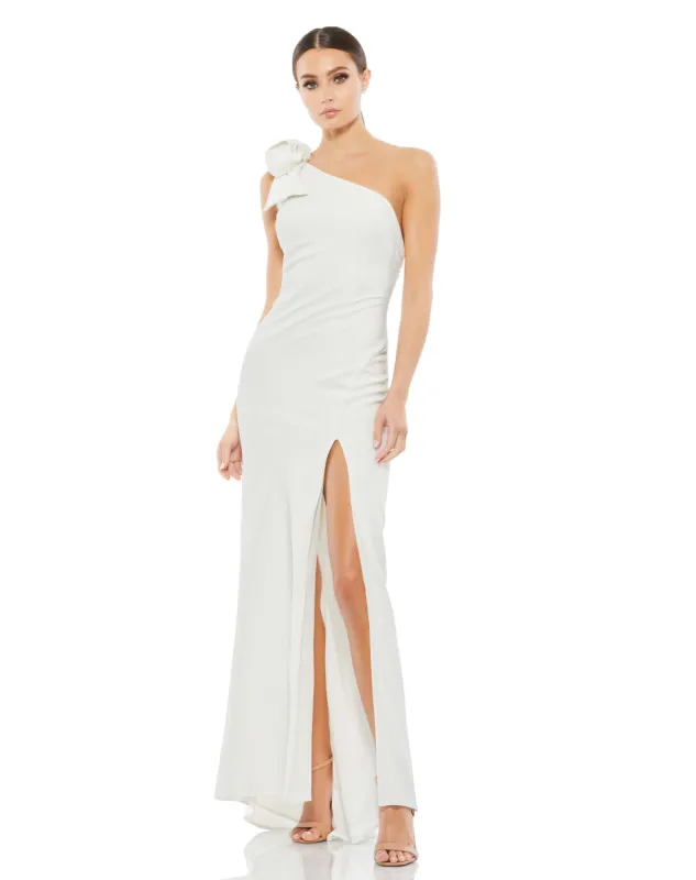 White Crepe One Shoulder Bow Gown sold by Mac Duggal