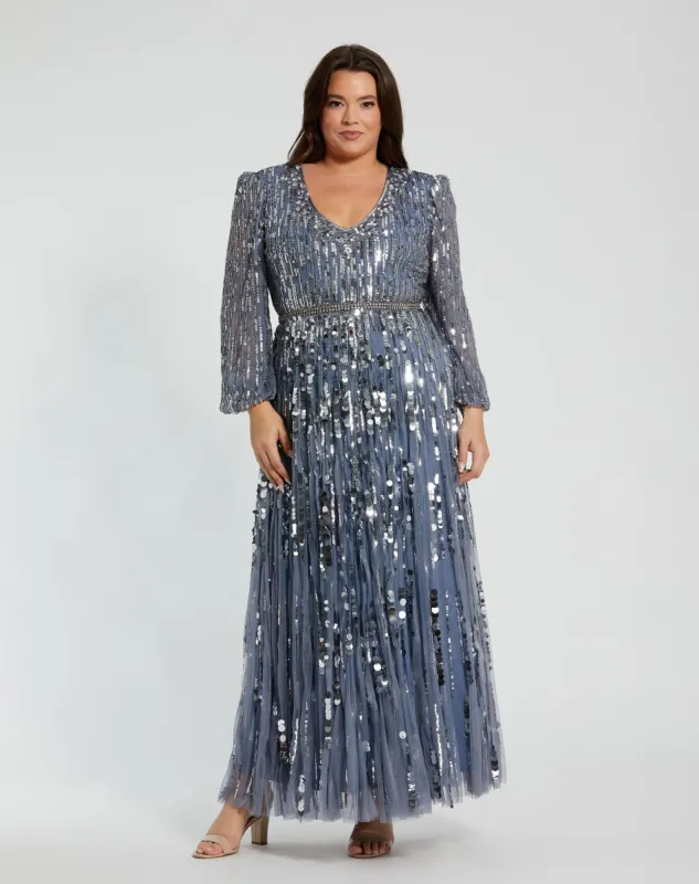 Blue Long Sleeve V-Neck Embellished Gown (Plus) sold by Mac Duggal