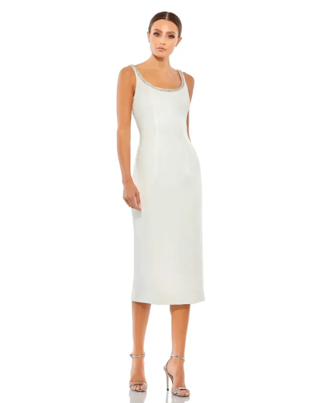 White Jeweled Scoop Neck Fitted Midi Dress sold by Mac Duggal