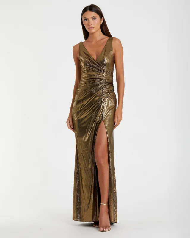 Gold Metallic Ruched Front Slip V-Neck Gown sold by Mac Duggal