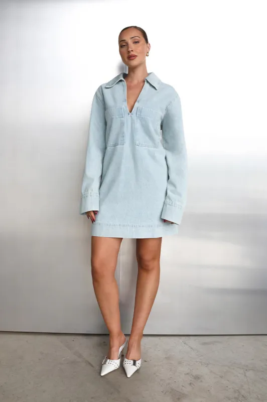 Tara L/Sleeve Dress | Washed Blue sold by Madison