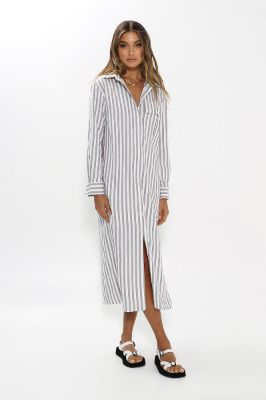 Jadana Maxi Shirt Dress | Grey Stripe sold by Madison