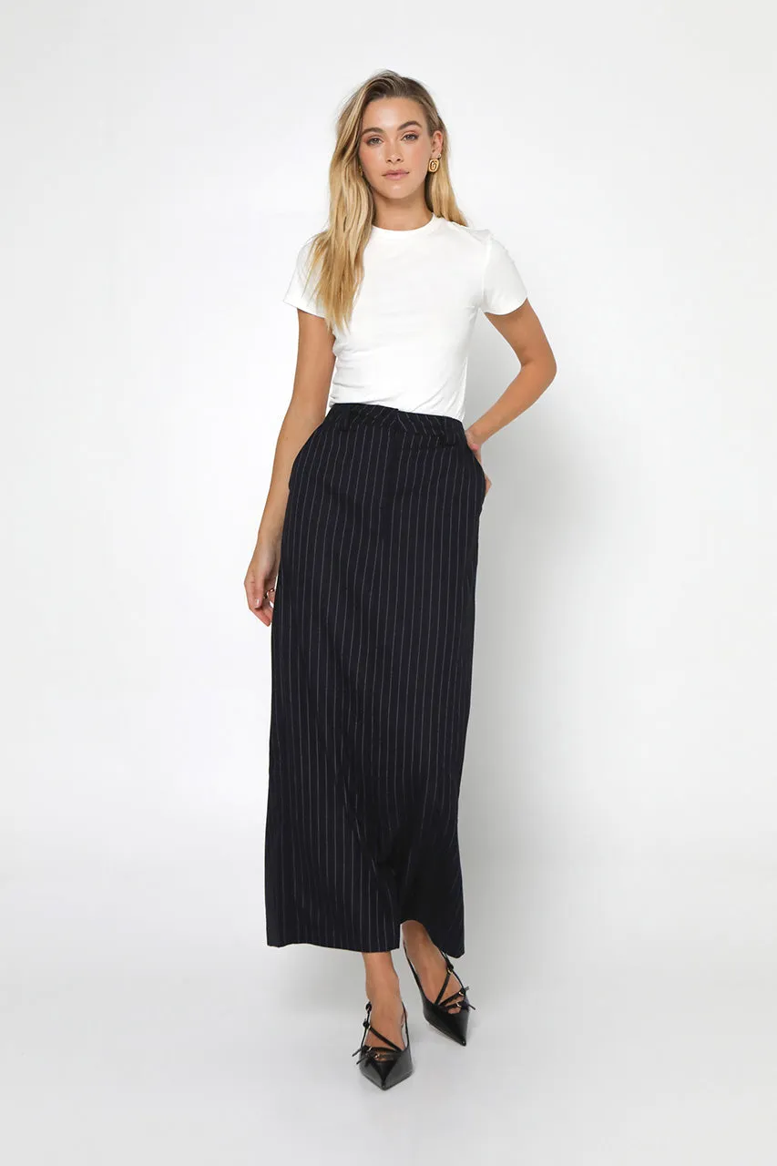 Lloyd Maxi Skirt | Navy Pinstripe sold by Madison