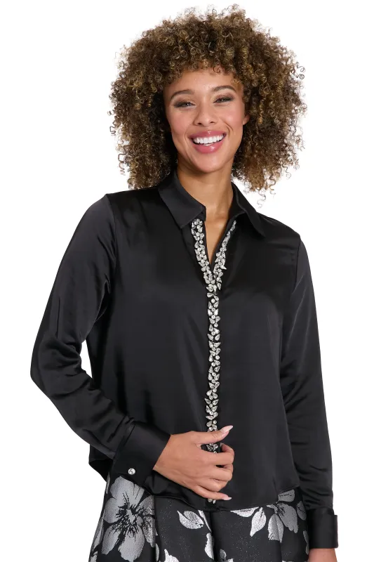 Roosevelt Jeweled Placket Long Sleeve Top made by Muse