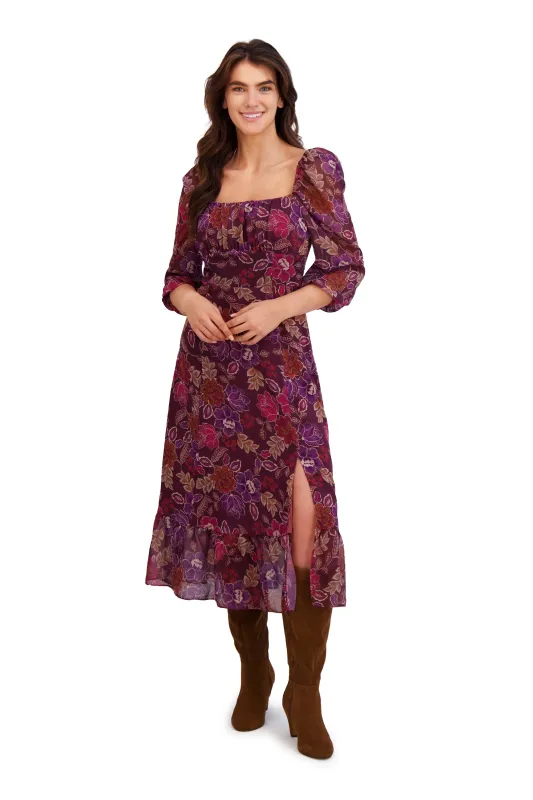 Kristin 3/4 Puff Sleeve Midi in Botanical Chiffon made by London Times