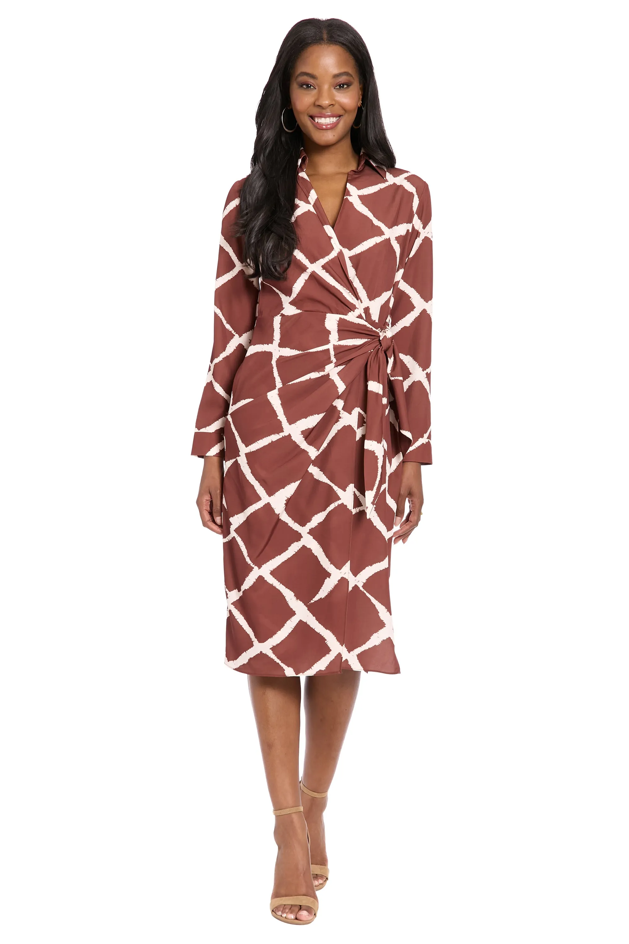 Rhea Collared Side Tie Midi in Bias Plaid sold by Maggy London