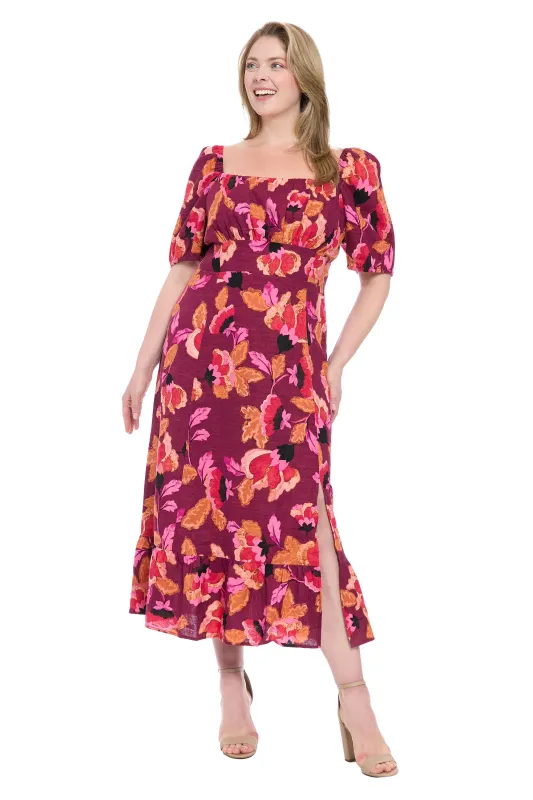 Kristin in Texture Floral Midi Puff Sleeve Dress made by London Times