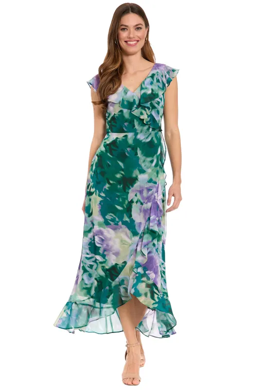 Alessandra Ruffle Faux Wrap Dress in Impressionist Floral made by London Times