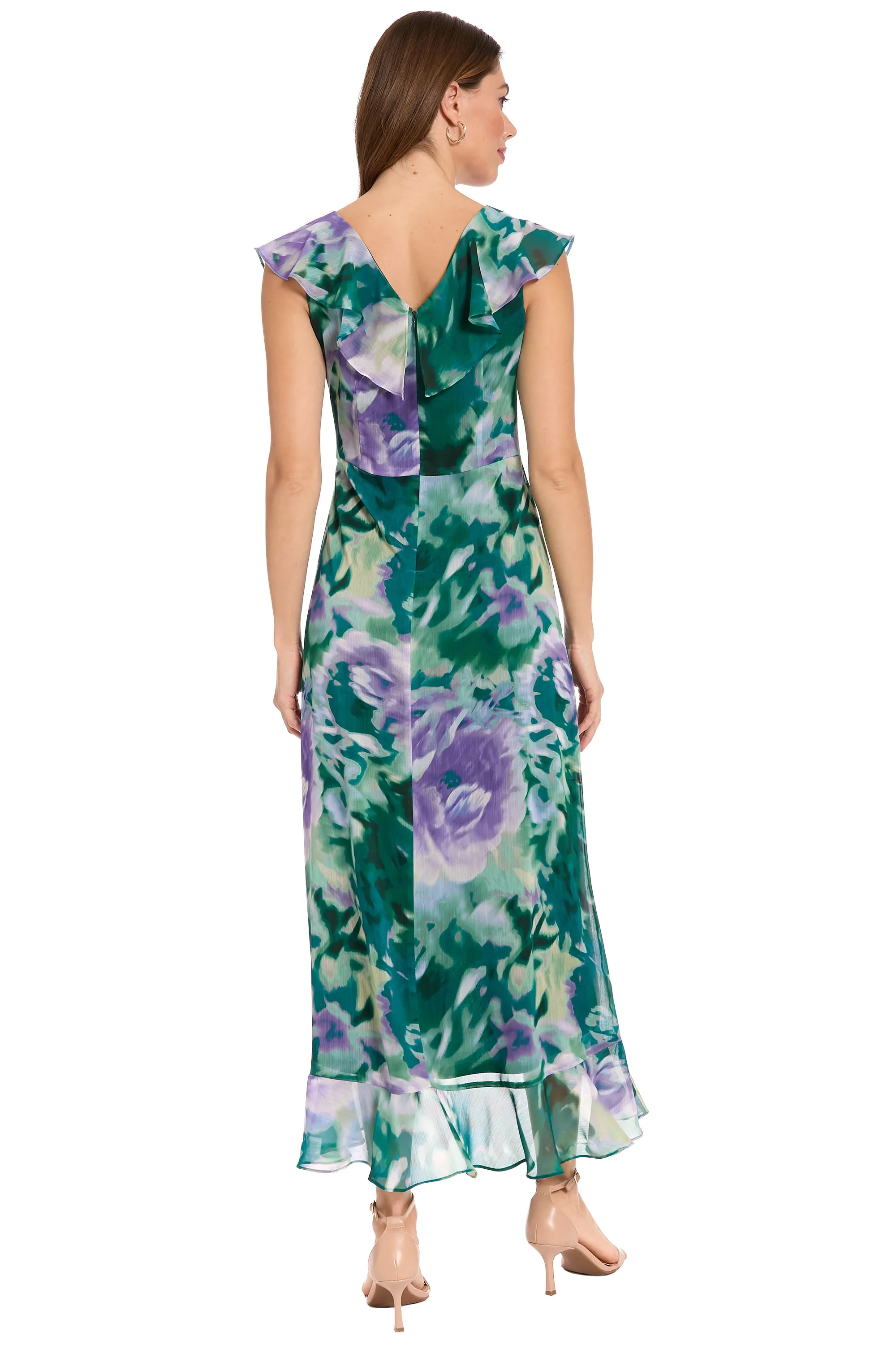 Alessandra Ruffle Faux Wrap Dress in Impressionist Floral sold by Maggy London product image thumbnail 4