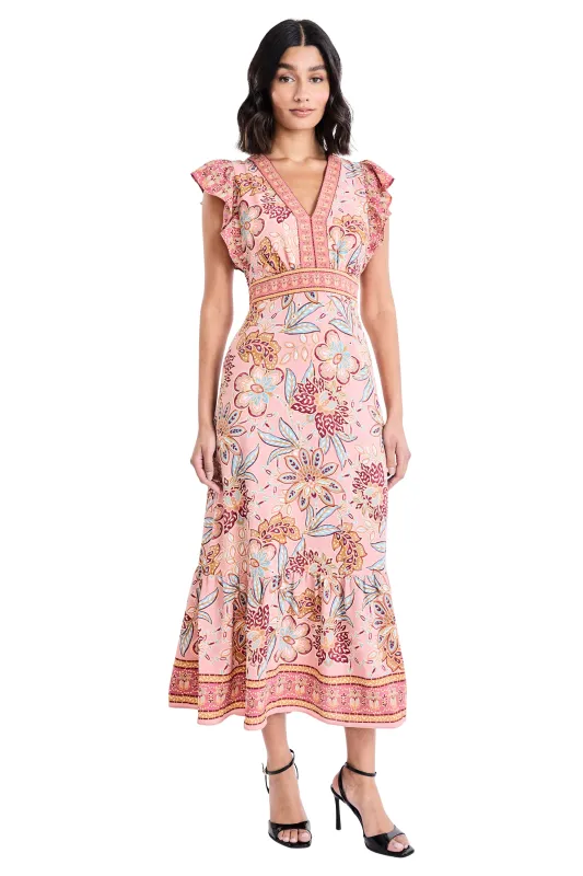 Ezra Floral Print Midi Ruffle Sleeves Dress made by Donna Morgan