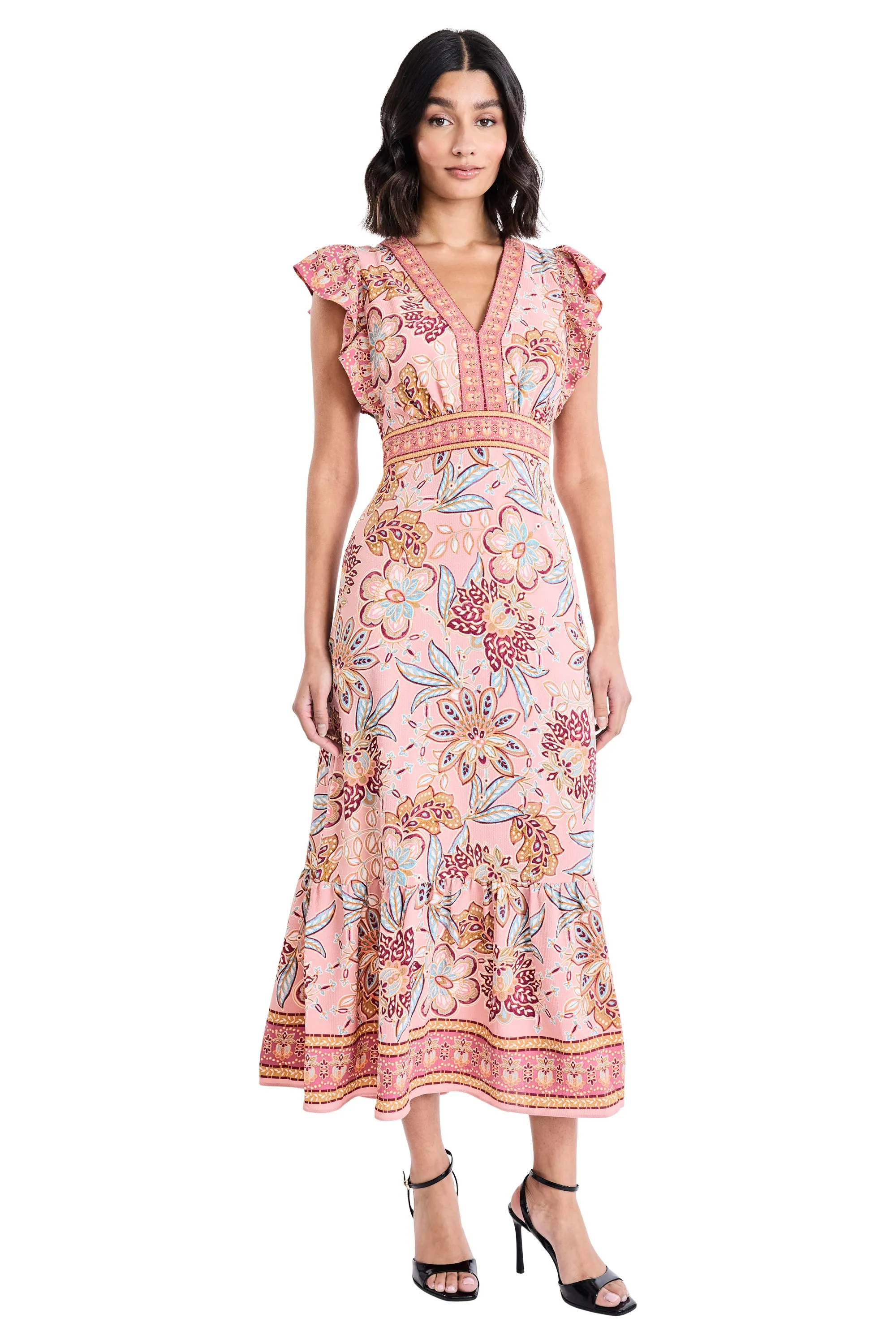 Ezra Floral Print Midi Ruffle Sleeves Dress sold by Maggy London