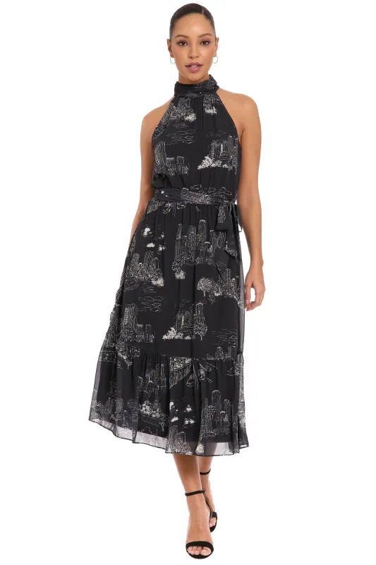 Elina Halter Ruffle Midi in Printed Toile made by London Times