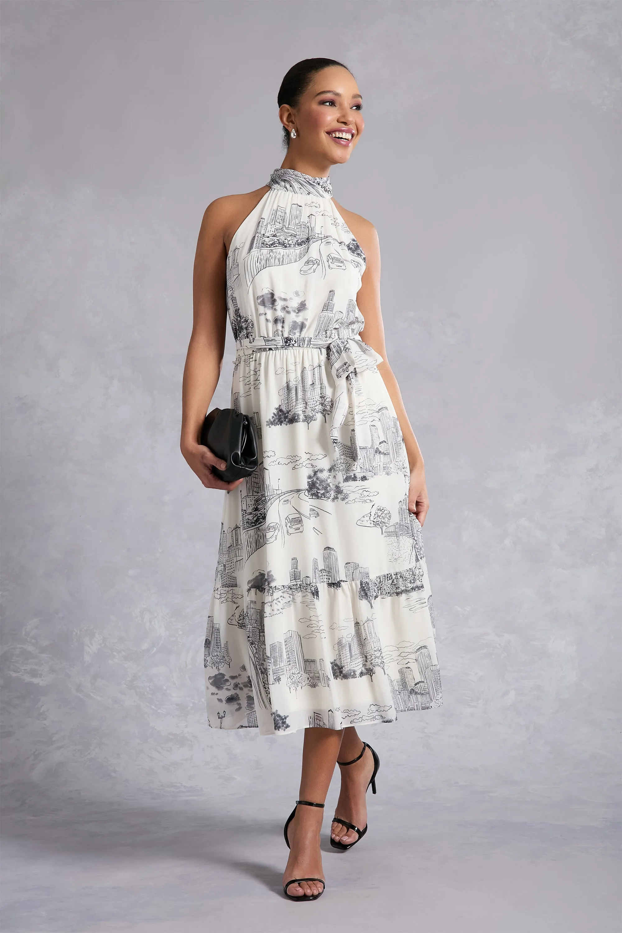 Elina Halter Ruffle Midi in Printed Toile sold by Maggy London product image thumbnail 2