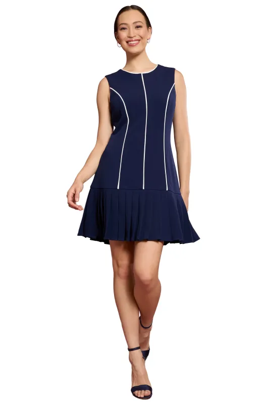 Nani Contrast Piped Pleated Dress in Navy made by London Times