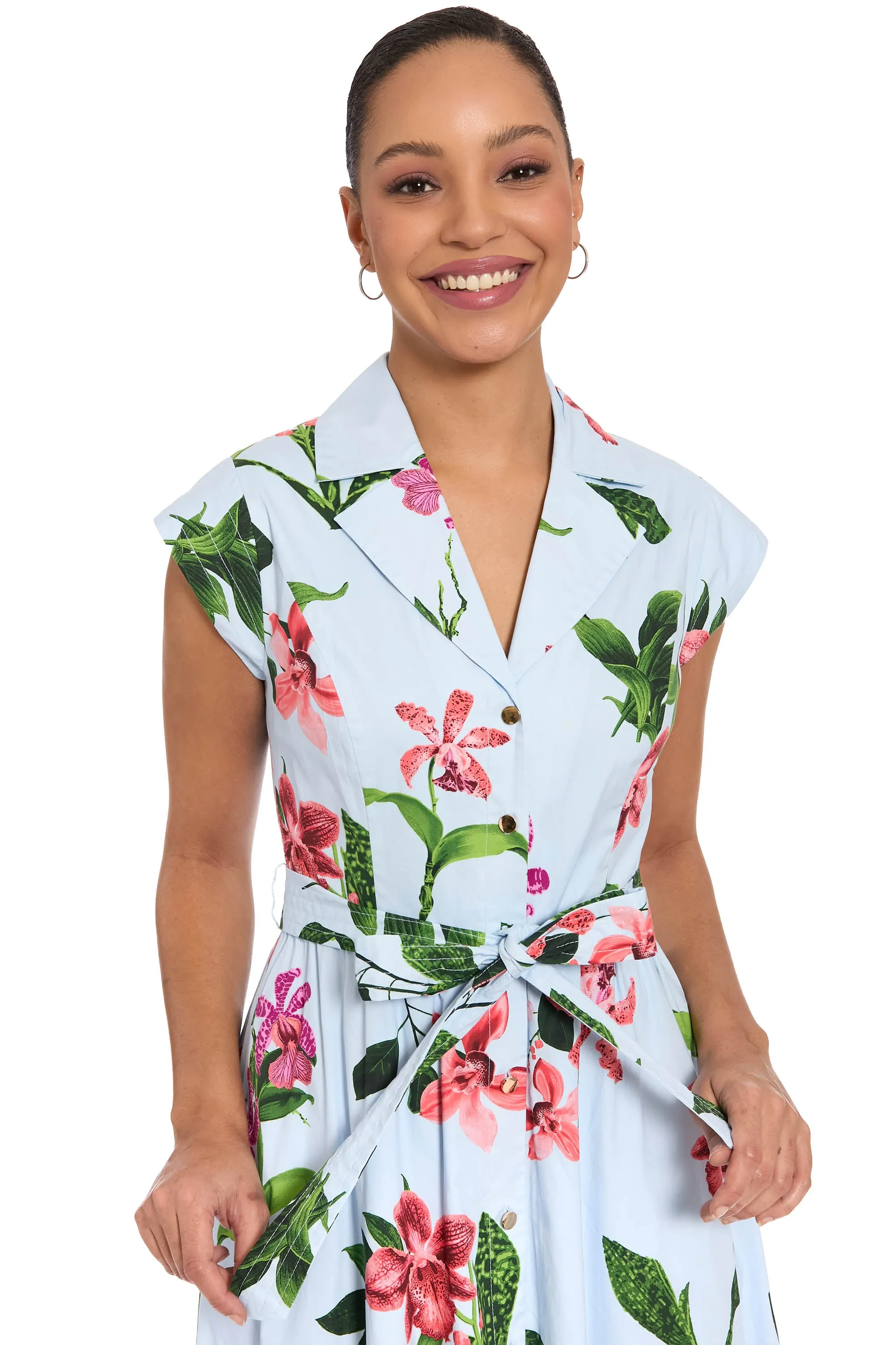 Rosemary Cotton Belted Shirt Dress in Wild Orchid sold by Maggy London