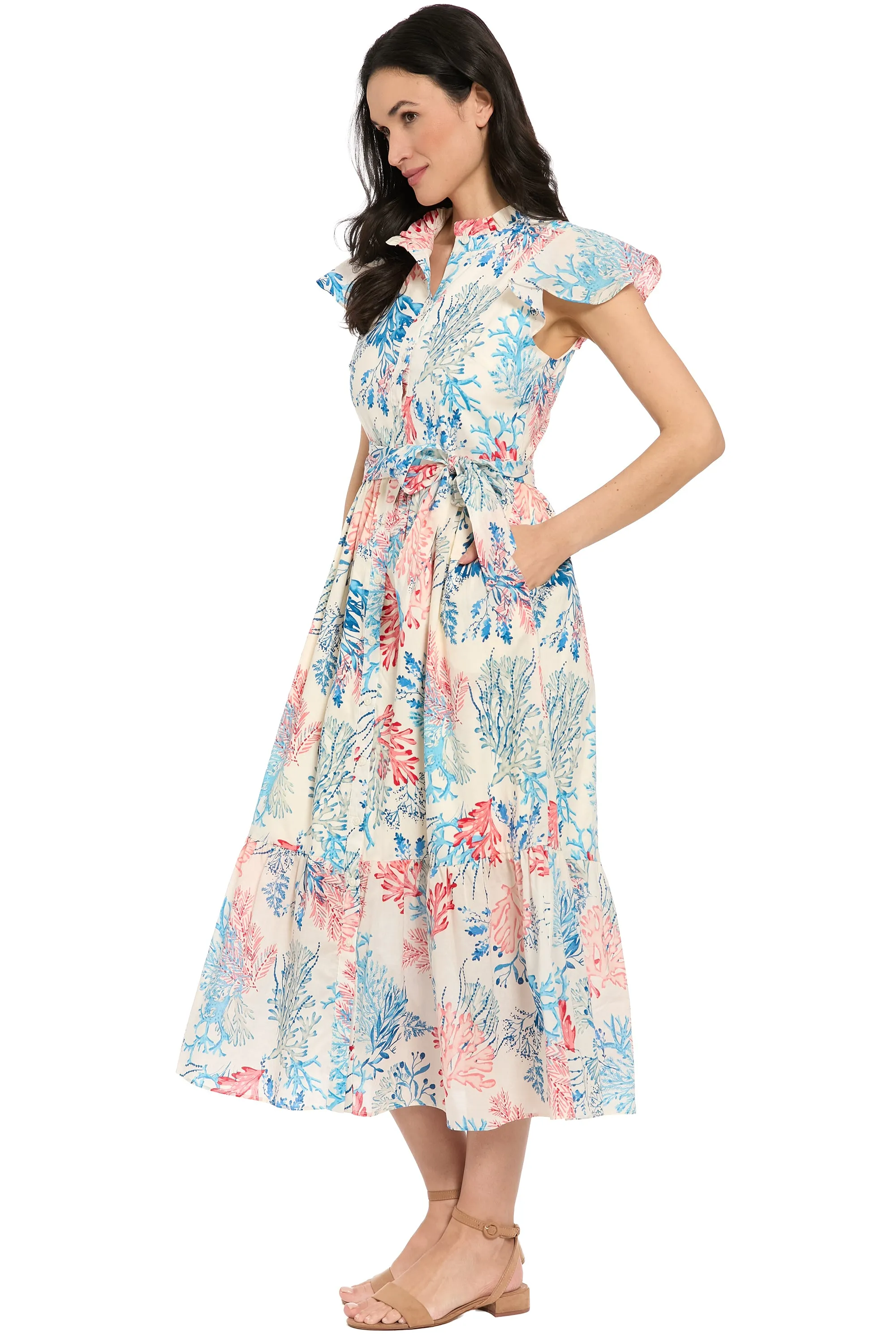 Adelina Flutter Sleeve Belted Tiered Midi Dress sold by Maggy London product image thumbnail 3