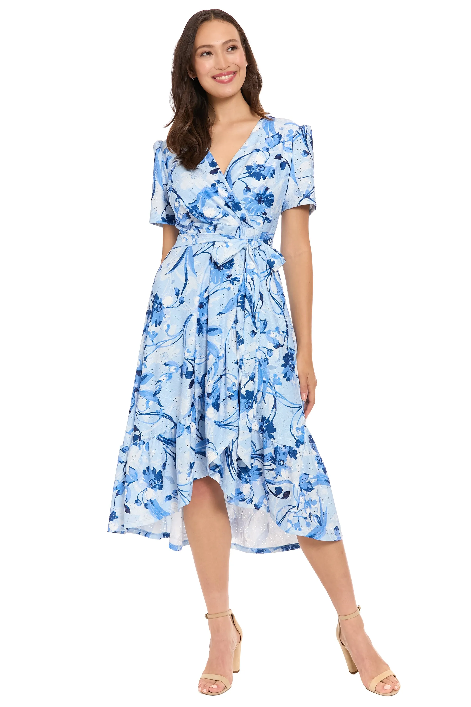 Danixa High Low Ruffle Dress in Enchanted Petals sold by Maggy London