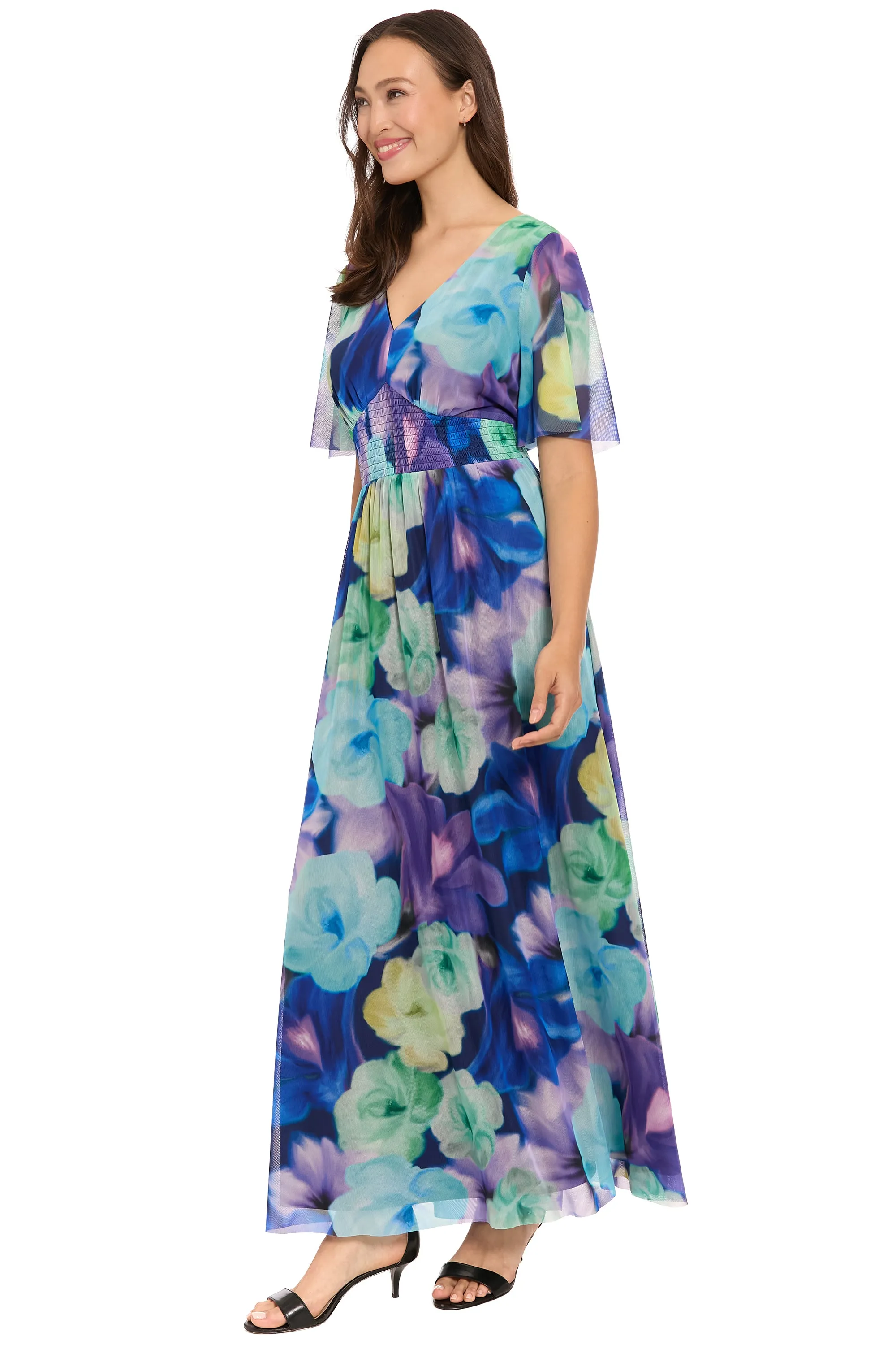 Leila Smocked Waist Mesh Maxi in Rose Toss sold by Maggy London product image thumbnail 4