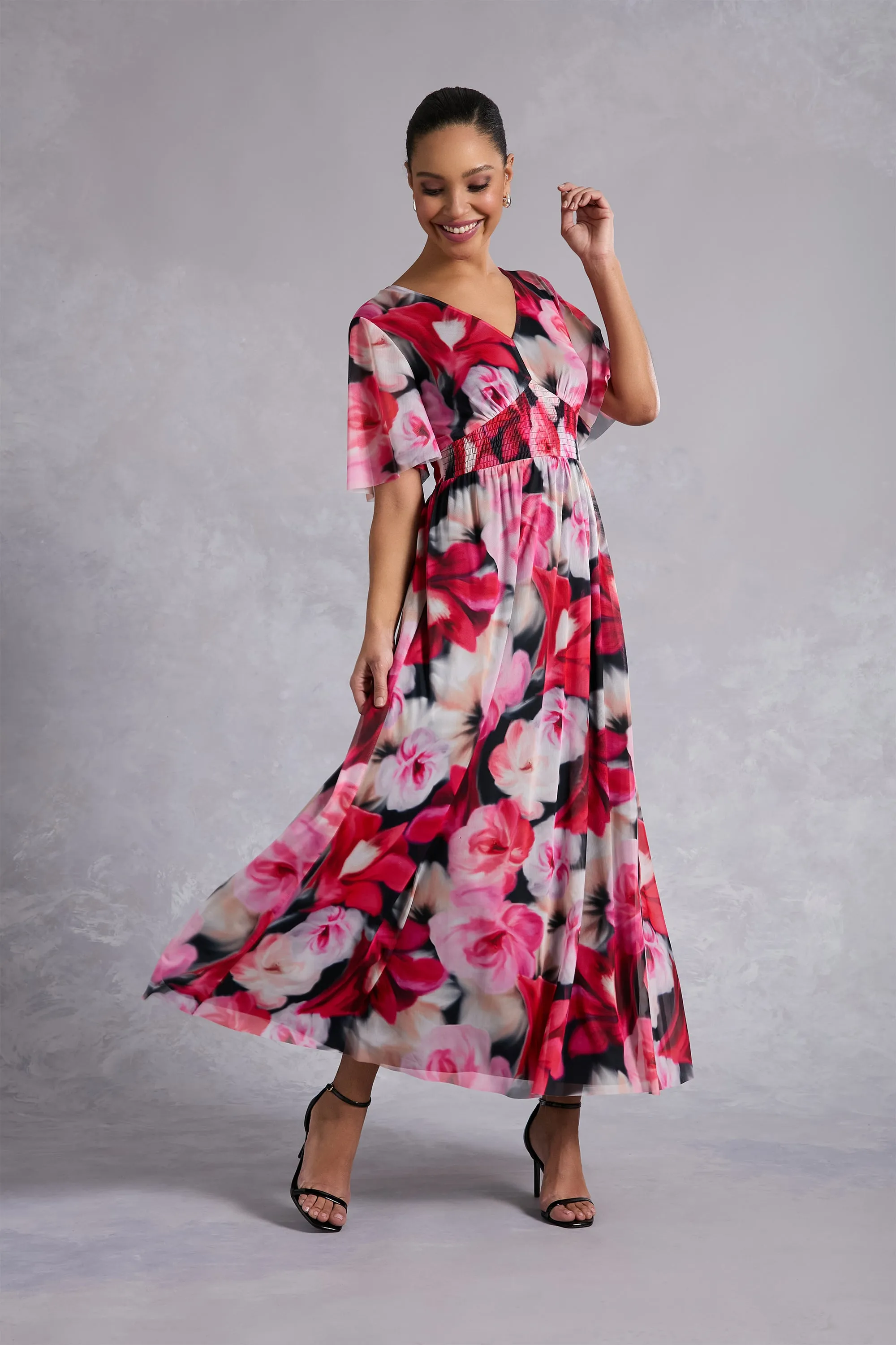 Leila Smocked Waist Mesh Maxi in Rose Toss sold by Maggy London product image thumbnail 3