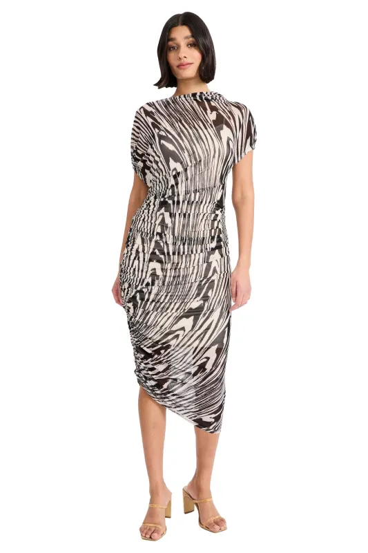 Bev Mesh Asymmetrical Ruched Midi made by Donna Morgan