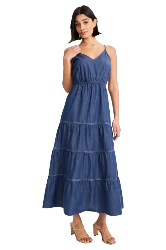 Pat Spaghetti Strap Denim Midi Dress made by Maggy London