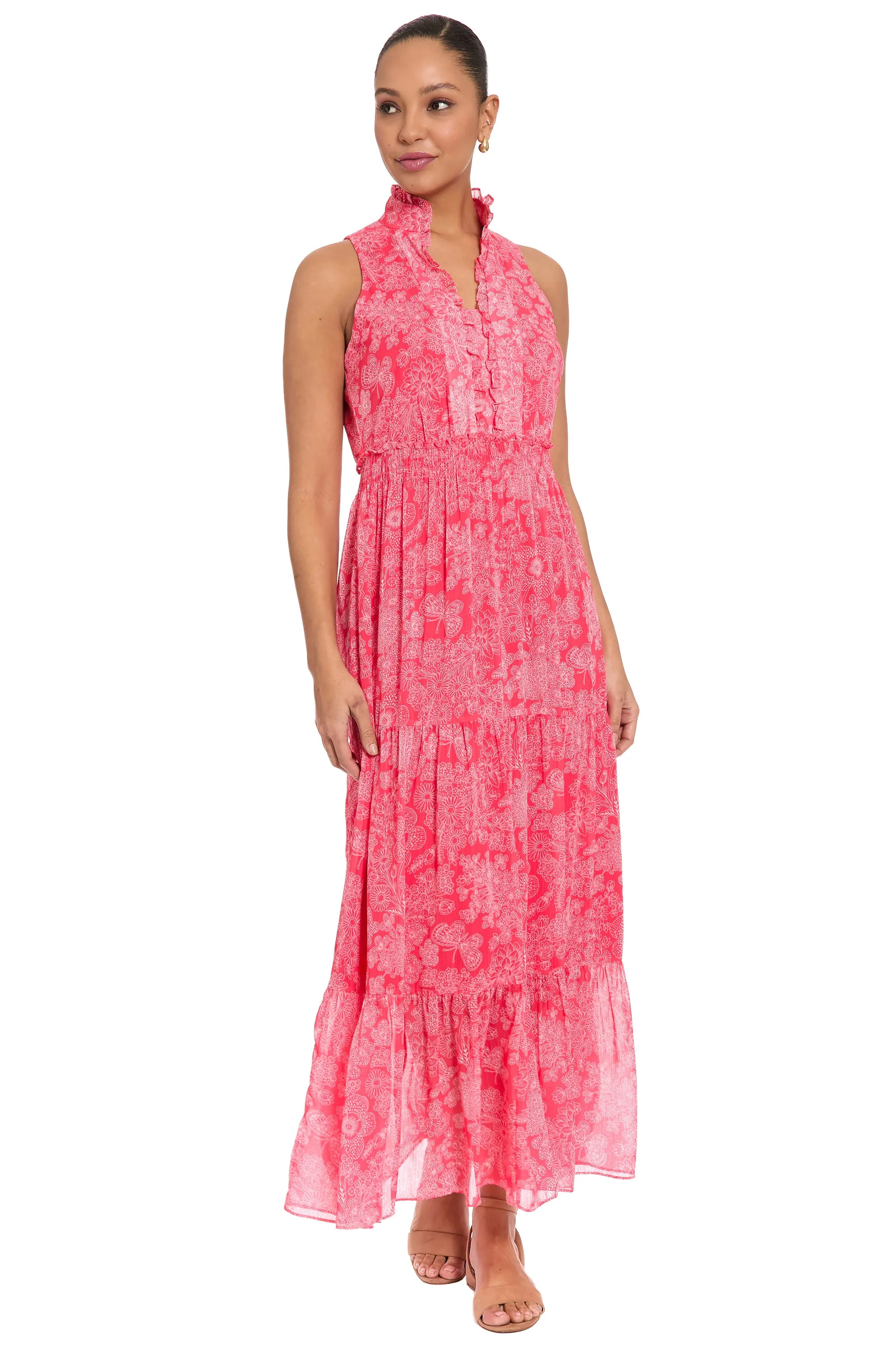 Brooke Ruffle Neck Smocked Maxi in Monotone Garden sold by Maggy London product image thumbnail 3