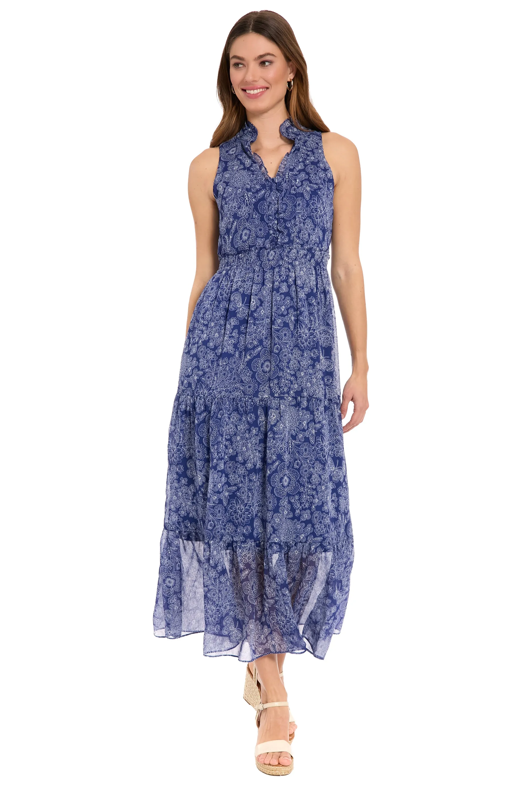 Brooke Ruffle Neck Smocked Maxi in Monotone Garden sold by Maggy London product image thumbnail 2