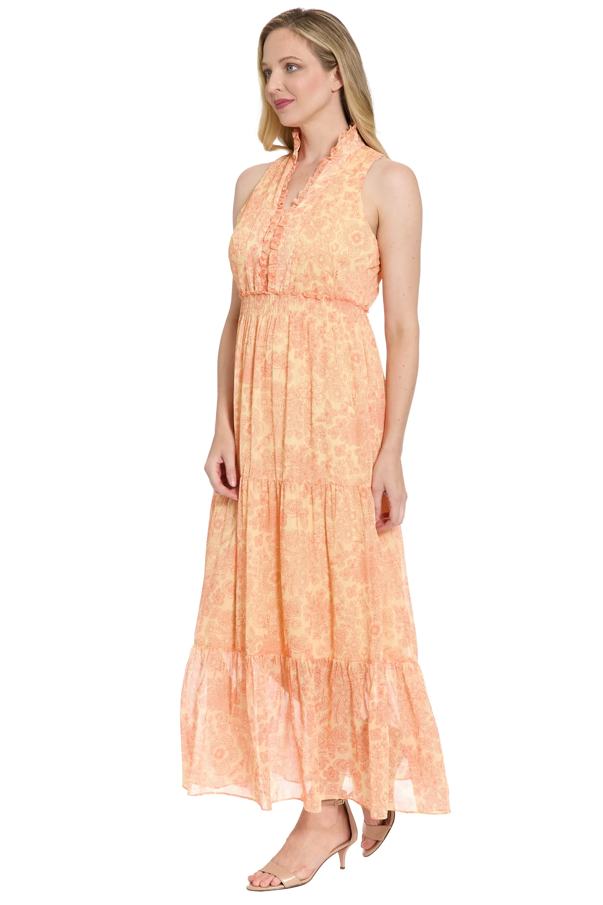 Brooke Ruffle Neck Smocked Maxi in Monotone Garden sold by Maggy London product image thumbnail 4