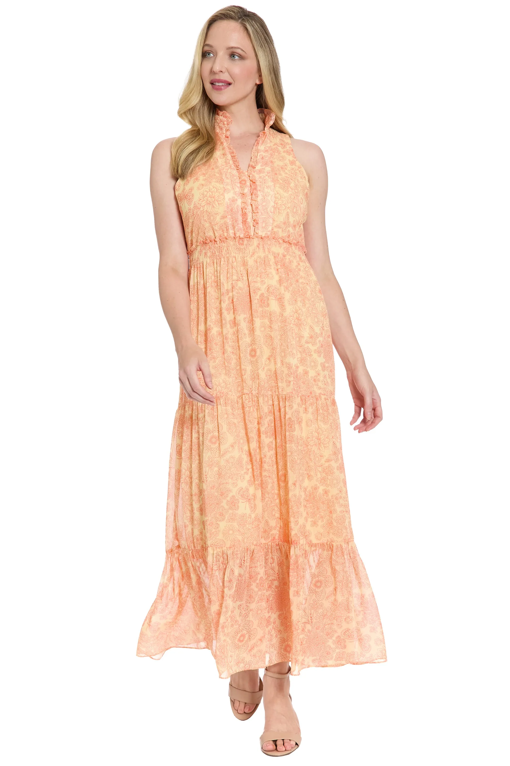 Brooke Ruffle Neck Smocked Maxi in Monotone Garden sold by Maggy London