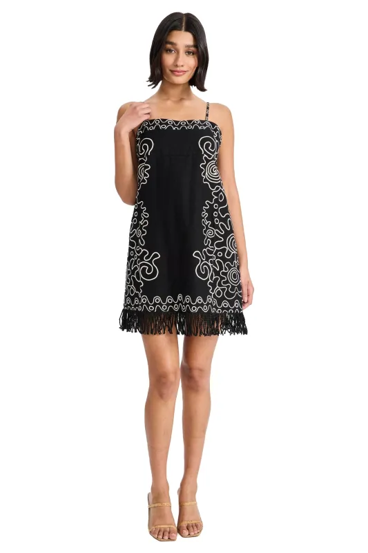 Christian Linen Embroidered Mini with Fringe made by Maggy London