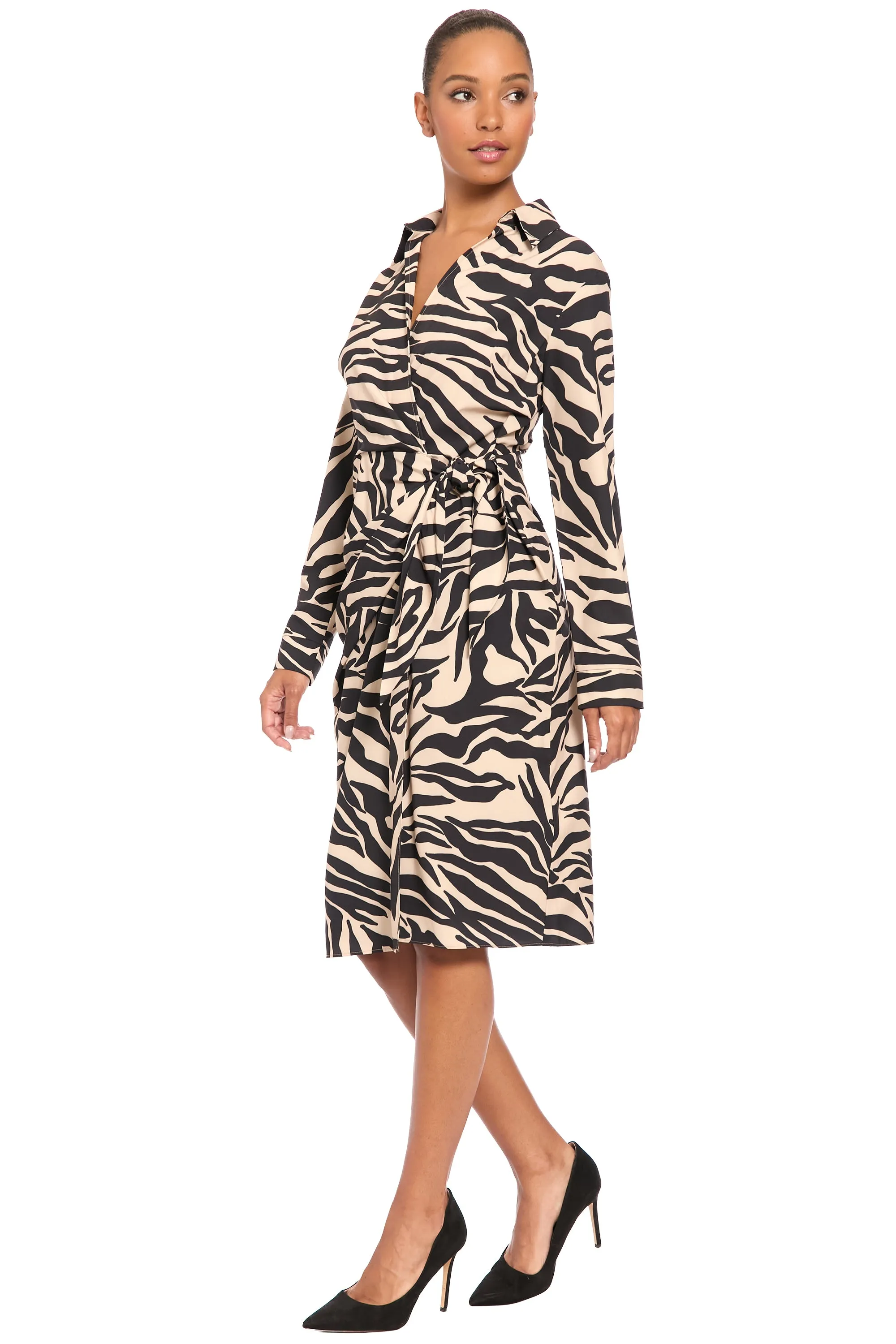 Rhea Collared Side Tie Midi in Zebra sold by Maggy London product image thumbnail 2
